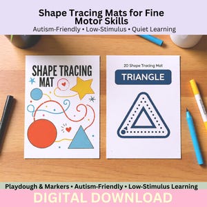 May include: Two white shape tracing mats with colorful shapes and the text "Shape Tracing Mat" and "Triangle". The mats are on a wooden surface with markers and the text "Digital Download".