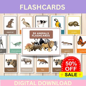 Flashcards de animais, 50 flashcards para impressão, flashcards para pré-escola, flashcards para crianças pequenas, flashcards para bebês, conjunto de cartões de animais, flashcards em PDF