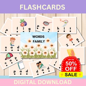 May include: A set of printable flashcards for teaching phonics. The cards feature images and words with different letter combinations. The words are organized into a "words family" chart with different suffixes. The text on the cards reads "WORDS FAMILY" and includes the words "fig", "pan", "hit", "sad", "pad", "dad", "zig", "tag", "and "dig".