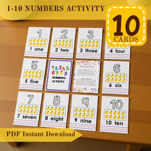 以下が含まれることがあります： 1から10までの数字が描かれた、子供向けの教育用数字カードのセット。各カードには数字、対応する単語、黄色の果物のイラストによる視覚的な表現が表示されています。「Numbers Activity」と書かれたカードも含まれています。