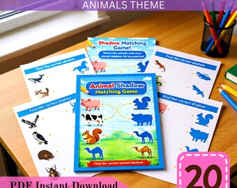 Puede incluir: Un conjunto de materiales educativos para niños, con un "Juego de emparejar sombras de animales". El juego incluye una portada azul y blanca con ilustraciones de animales y hojas de actividades. También se ve el texto "PDF Instant Download" y "20 PAGES".