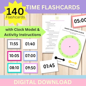 May include: A set of 140 digital time flashcards with a clock model and activity instructions. The flashcards feature different times, such as 11:55, 01:40, 10:05, 07:00, 08:10, 09:50, and 01:45. The set also includes a printable clock template for kids to make their own clock.