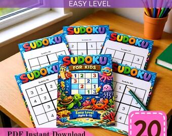 May include: A collection of colorful Sudoku puzzle books for kids, featuring underwater-themed illustrations and the text "Sudoku for Kids." The image includes the text "Easy Level" and "PDF Instant Download."
