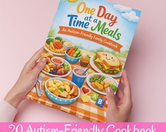 May include: A cookbook titled "One Day at a Time Meals" with the subtitle "An Autism-Friendly Family Cookbook." The cover features illustrations of various meals. The text "20 Autism-Friendly Cookbook" is at the bottom.