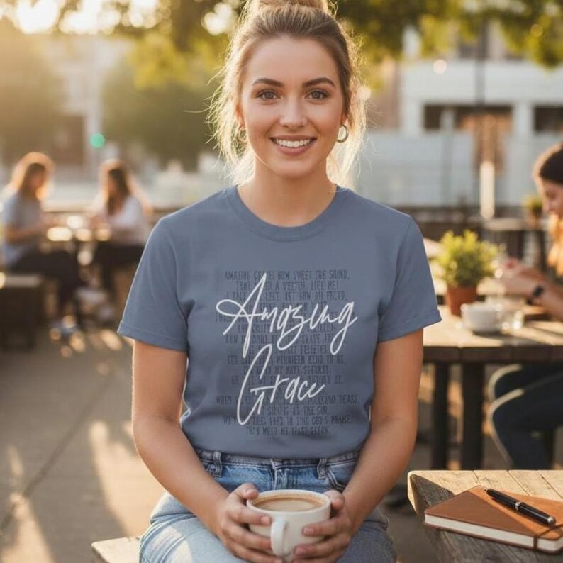 Comfort Colors Tshirt Amazing Grace Design Hymn Inspired Apparel Christian Women Clothing Ring Spun Cotton Fabric Breathable Material Church Service Outfit Worship Team Wear Bible Study Group Attire Inspirational Message Spiritual