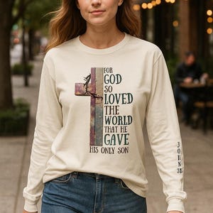 Christian Long Sleeve Bible Verse Cotton Shirt Faith Apparel Top Design Cross Clothing Scripture Message Jesus Wear Church Casual Attire
