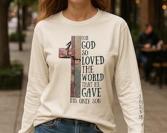 Christian Long Sleeve Bible Verse Cotton Shirt Faith Apparel Top Design Cross Clothing Scripture Message Jesus Wear Church Casual Attire