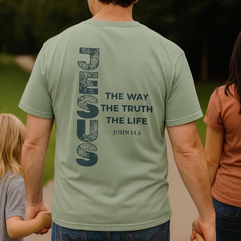 Christian Youth Shirt Bible Verse John Scripture Tee Jesus Way Truth Life Message Teen Clothing Mission Trip Church Group Faith Apparel Cotton Comfort Quality Garment Dyed Design Both Sides Printed Religious Gift Idea Youth Ministry Wear