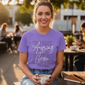Amazing Grace Shirt Christian Hymn Tee Faith Based Worship Apparel Women Believers Church Choir Member Gift Bible Study Outfit Comfortable Cotton Clothing Spiritual Wear Religious Attire Inspirational Message Garment Dyed Fabric Medium