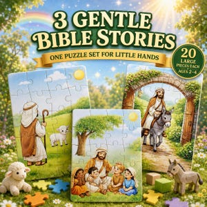 以下が含まれることがあります： 3 Gentle Bible Storiesパズルセット。各パズルは20個の大きなピースで構成されています。箱には、羊飼いと子羊、子供たちと座る人物、ロバに乗ってアーチをくぐる人物の3つのイラストが描かれています。ぬいぐるみの羊が付属しています。