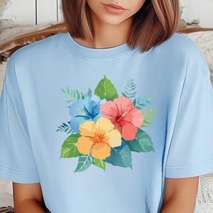Hibiscus Floral Blossom Tee, Tropical Vibe Shirt, Hawaii, Cottagecore,  Summer Apparel, Pants, Casual Wear, Beach Day