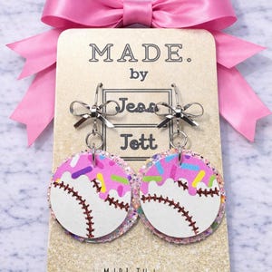 Baseball Ice Cream Drip Earrings, Faux Leather Game Day Jewelry, Sports Mom Accessories
