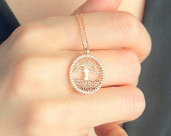 Levensboomhanger met zirkonia, ketting familiewortels, goud-zilveren sieraden, betekenisvol cadeau voor haar, ketting spiritueel symbool