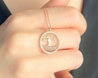 Keltische levensboom ketting met zirkonia, yggdrasil levensboom charme, gouden familieketting, verjaardagscadeau voor haar, jubileumcadeau