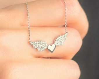 Engelenvleugel hartketting voor vrouwen, zirkonia sieraden cadeau, beschermengel sieraden, sierlijke vleugelhanger, herdenkingsketting voor haar