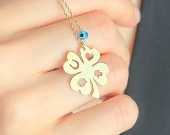 Heart Leaf Clover-ketting met boze oog, gouden gelukshanger met hoefijzerhart Hamsa, gelukssieraden voor vrouwen, romantisch cadeau voor haar