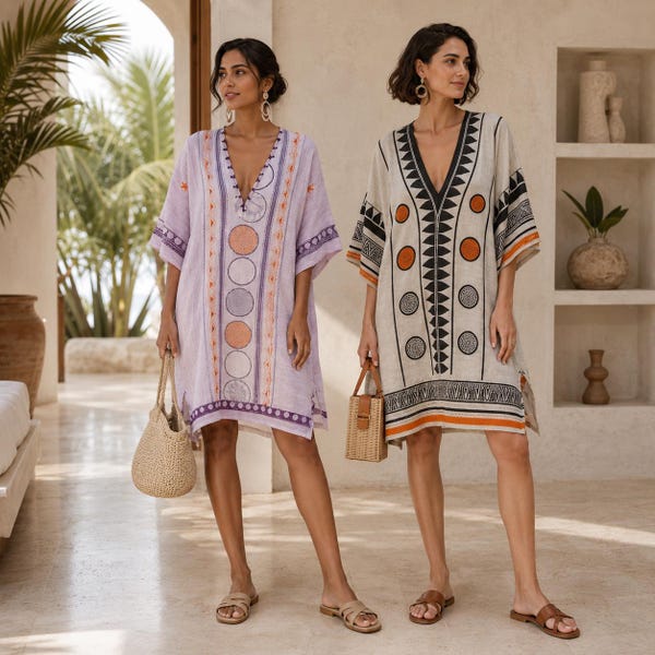 Vestido caftán bohemio, pareo de playa, vestido túnica con escote en V, ropa de resort, vestido de verano extragrande, pareo de baño, caftán de corte holgado, vestido de verano