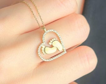 Hartketting babyvoeten met zirkoon, hanger cadeau zwanger, voetafdrukketting voor haar, aandenken zwangerschap, babyshower cadeau voor nieuwe moeder