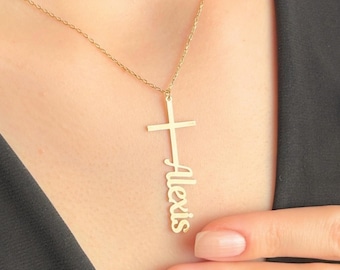 Aangepaste kruisnaamketting, sierlijke christelijke sieraden, doophanger, religieuze naamketting, christelijke geschenken, gepersonaliseerd cadeau voor haar