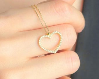 Hartketting met zirkonia, gouden open harthanger voor vrouwen, minimalistische liefdessieraden, jubileumketting, verjaardagscadeau voor haar