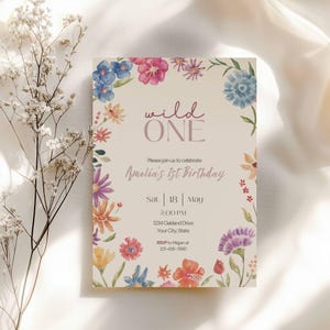 Wild One Birthday Invitation | Wildflower First Birthday Invite | Floral 1st Birthday | Editable Digital Download