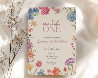 Wild One Floral Birthday Invitation | Boho First Birthday (Editable Digital Download)
