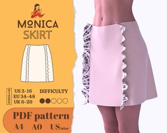 May include: A PDF pattern for a skirt called "Monica Skirt" with sizes US 2-16, EU 34-48, and UK 6-20. The skirt has a ruffled hem and is rated as a difficulty level of 2 out of 5. The pattern is available in A4, A0, and US letter sizes.