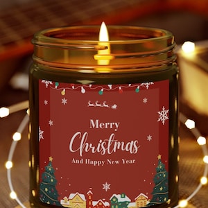 Bougie Joyeux Noël et Bonne année - Bougie de soja parfumée festive - Décoration de vacances confortable et cadeau parfait pour les célébrations hivernales