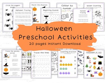 May include: A set of 20 printable Halloween preschool activity worksheets. The worksheets feature various activities such as tracing letters, counting, matching shadows, and coloring by number. The worksheets are black and white with colorful illustrations of Halloween characters like pumpkins, bats, ghosts, and spiders.