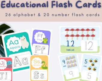 May include: A set of 26 alphabet and 20 number flash cards for kids. The cards feature colorful illustrations and dotted lines for tracing letters and numbers. The cards include words like "Alpaca", "Frog", "Snake", "Jellyfish", "Twelve", "Nine", and "Five".