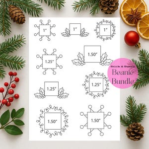 May include: A white sheet with black line drawings of square shapes with measurements of 1", 1.25", and 1.50" in inches. Some squares have decorative elements like holly leaves or swirls. The text "Stick & Stitch Beanie Bundle" is on a pink circle.