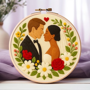 Wedding Hand Embroidery Pattern, Bride And Groom Embroidery, Romantic Floral Hoop Art, Stick And Stitch Pattern, Stick And Stitch Pattern