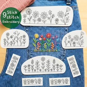 Könnte beinhalten: Eine Jeans-Tasche mit verschiedenen floralen Stickmustern. Das Bild enthält mehrere weiße Papiervorlagen mit schwarzen Strichzeichnungen von Blumen und Blättern. Eine Tasche zeigt einen farbenfrohen gestickten Blumengarten. Der Text "9 Stick Stitch Embroidery" ist sichtbar.