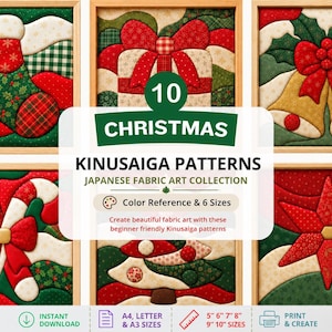 Modello Kinusaiga, Modello Kinusaiga natalizio, Disegni Kinusaiga per principianti, Modello di patchwork di seta giapponese, Tessuto digitale da scaricare