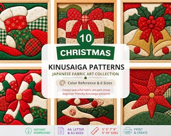 Puede incluir: Una colección de 10 patrones navideños de Kinusaiga con diseños de arte en tela japonés que incluyen un calcetín, regalo, campanas, bastones de caramelo y una estrella. El texto dice 10 CHRISTMAS KINUSAIGA PATTERNS JAPANESE FABRIC ART COLLECTION, Color Reference & 6 Sizes, A4, LETTER & A3 SIZES, 5" 6" 7" 8" 9" 10" SIZES, INSTANT DOWNLOAD, PRINT & CREATE.
