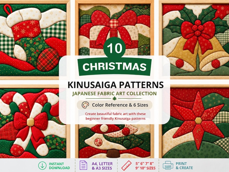 Puede incluir: Una colecci&oacute;n de 10 patrones navide&ntilde;os de Kinusaiga con dise&ntilde;os de arte en tela japon&eacute;s que incluyen un calcet&iacute;n, regalo, campanas, bastones de caramelo y una estrella. El texto dice 10 CHRISTMAS KINUSAIGA PATTERNS JAPANESE FABRIC ART COLLECTION, Color Reference & 6 Sizes, A4, LETTER & A3 SIZES, 5" 6" 7" 8" 9" 10" SIZES, INSTANT DOWNLOAD, PRINT & CREATE.