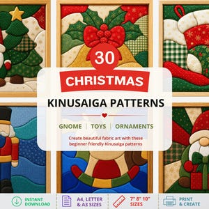 Puede incluir: Una colección de 30 patrones de Kinusaiga navideños con diseños de arte en tela de un gnomo, un cascanueces, un calcetín y acebo. El texto dice 30 CHRISTMAS KINUSAIGA PATTERNS, GNOME | TOYS | ORNAMENTS, e incluye tamaños de 18 cm 20 cm 25 cm.