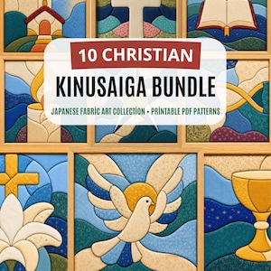 May include: A collection of 10 Christian Kinusaiga fabric art patterns featuring religious imagery like a church, cross, open bible, dove, and chalice. The printable PDF bundle includes A4, Letter, A3, 18 cm, 20 cm, and 25 cm size options.