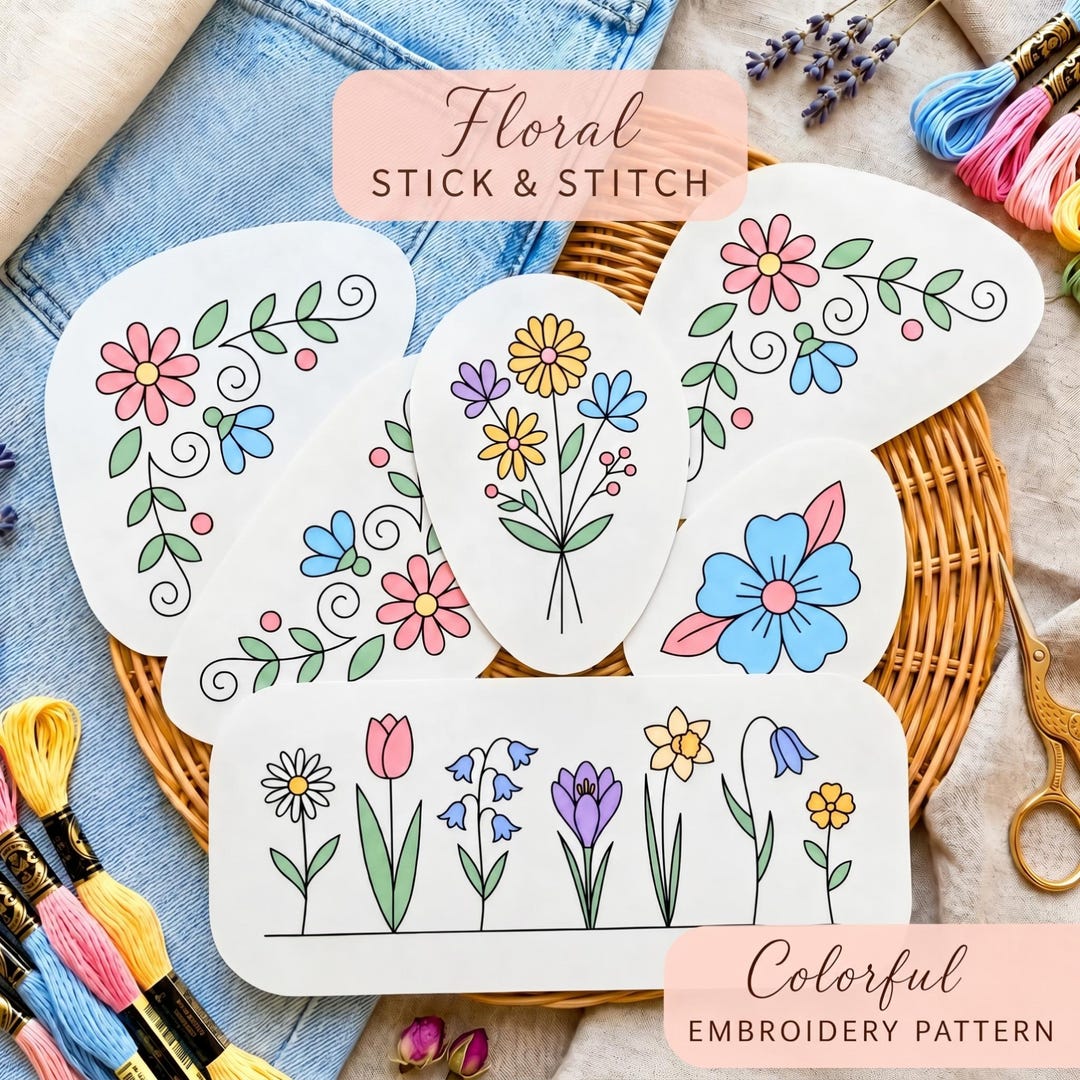 Spring Flower Embroidery Pattern, Stick and Stitch Floral Transfer ...