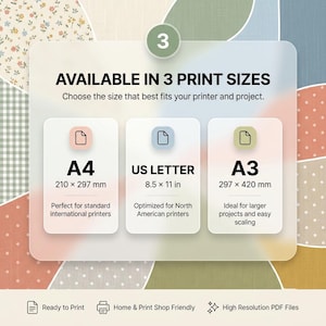 Puede incluir: Un gr&aacute;fico informativo digital que muestra tres tama&ntilde;os de impresi&oacute;n: A4 de 210 x 297 mm, US Letter de 8,5 x 11 pulgadas y A3 de 297 x 420 mm. El texto dice Available in 3 print sizes, Ready to Print, Home & Print Shop Friendly, High Resolution PDF Files.