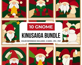 Puede incluir: Una colección digital de 10 patrones de kinusaiga de gnomos con temas festivos en rojo, verde y crema. El texto central dice 10 GNOME KINUSAIGA BUNDLE, COLOR REFERENCE INCLUDED, 6 SIZES, JPG, PDF, en un recuadro blanco rectangular.