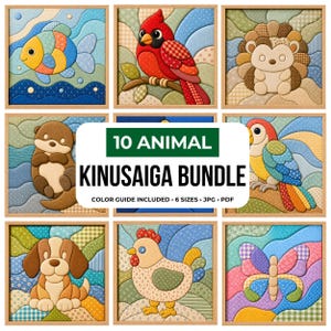 Peut inclure: Une collection numérique de 10 motifs kinusaiga d'animaux incluant un poisson, un cardinal, un hérisson, une loutre, un perroquet, un chien, une poule et un papillon. Le texte central indique 10 ANIMAL KINUSAIGA BUNDLE, COLOR GUIDE INCLUDED, 6 SIZES, JPG, PDF.