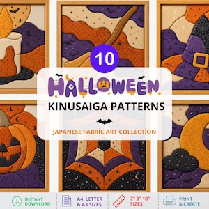 May include: A collection of 10 Halloween Kinusaiga patterns featuring fabric art designs of a candle, broom, witch hat, pumpkin, spider web, and crescent moon in orange, purple, and black. Text reads 10 HALLOWEEN KINUSAIGA PATTERNS.