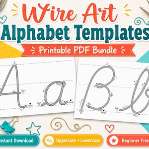 May include: A digital download for wire art alphabet templates. The image shows uppercase and lowercase letters A and B in a cursive style, with start and finish points indicated. The text includes "Wire Art Alphabet Templates" and "Printable PDF Bundle."