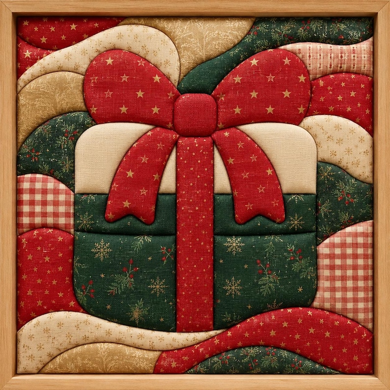 Puede incluir: Una pieza de arte mural de tela cuadrada que presenta un dise&ntilde;o de regalo central con un gran lazo rojo. La composici&oacute;n utiliza varios parches de tela acolchada en rojo, verde oscuro y crema, decorados con patrones de estrellas, copos y bayas doradas.
