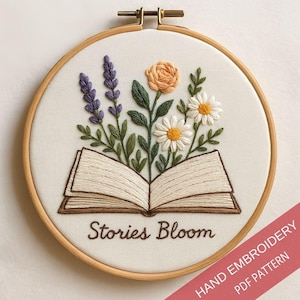 Floral Book Embroidery Pattern, Stories Bloom Hand Embroidery, Botanical Book Embroidery, Printable Embroidery, Hand Embroidery Pattern PDF