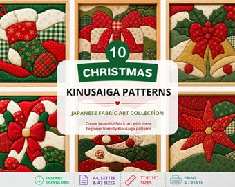 Può includere: Una collezione di 10 modelli natalizi Kinusaiga con disegni in tessuto di una calza, regalo, campane, bastoncini di zucchero e una stella. Testo: 10 CHRISTMAS KINUSAIGA PATTERNS JAPANESE FABRIC ART COLLECTION. Include formati A4, A3, 18, 20, 25 cm.
