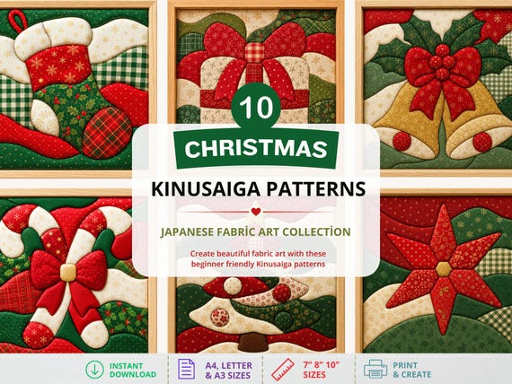 Kinusaiga Pattern, Christmas Kinusaiga Pattern, Beginner Kinusaiga Designs, Japanese Silk Patchwork Template, Digital Fabric Download