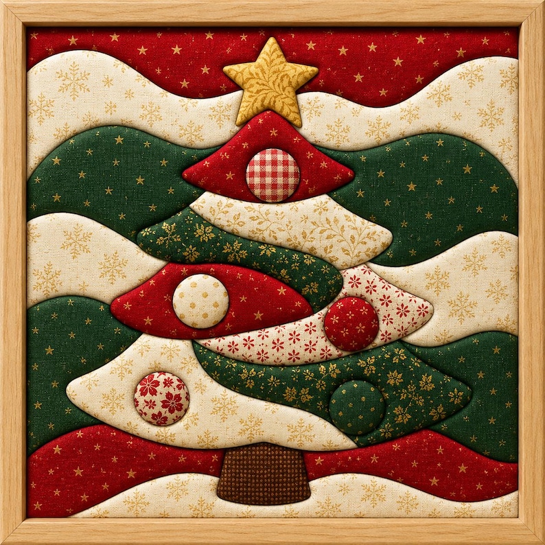 Puede incluir: Una pieza de arte mural de tela enmarcada con un dise&ntilde;o de &aacute;rbol de Navidad estilizado. La composici&oacute;n utiliza secciones de tela acolchadas y superpuestas en rojo, verde y crema con patrones de copos de nieve y estrellas, con botones.