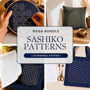 Sashiko Pattern Bundle, Printable Japanese Embroidery Templates, Sashiko Stitching PDF, Denim Mending Pattern, Instant Download